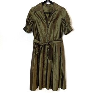 Donna Ricco Silk Taffeta Button Up Dress Size 12 Olive Green Cocktail Hostess